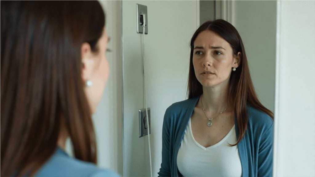  A young woman with long brown hair wearing a blue cardigan and white top looks at herself in the mirror with a concerned expression.
