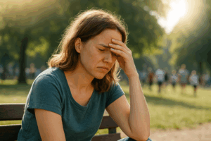 A woman shielding her eyes from the bright summer sun, sitting alone on a park bench with a visibly anxious expression indicative of Summer anxiety.