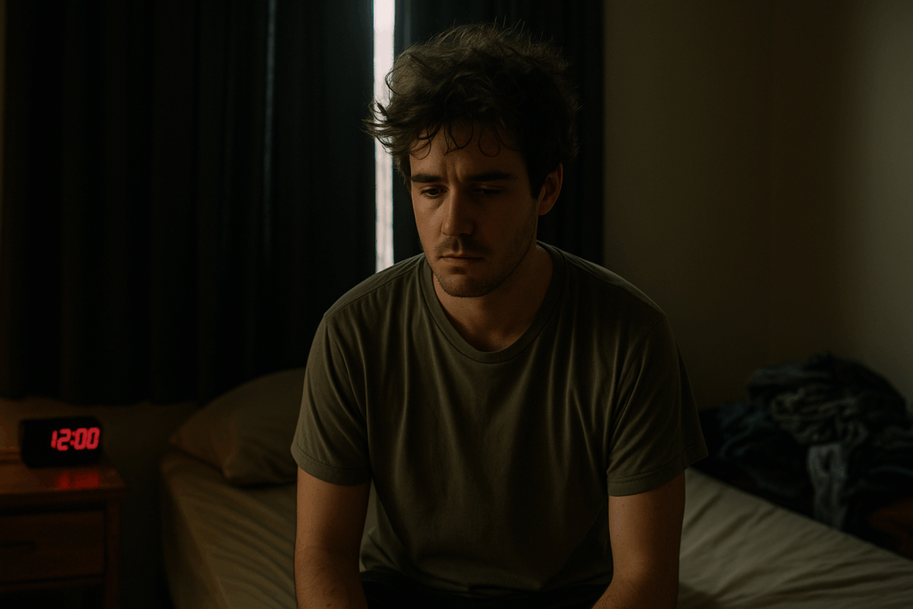A disoriented young man with messy hair sits on his bed at noon, surrounded by a dark room and closed blackout curtains.