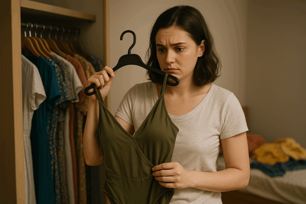 A woman holds a green swimsuit in front of her, looking uncertain as she stands near a wardrobe filled with colorful summer clothes.