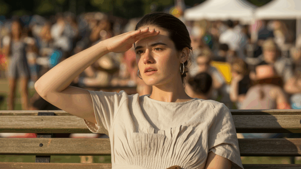 A woman sits on a bench shielding her eyes from the sun at a crowded summer event, appearing overwhelmed and anxious.