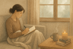 A woman journaling on a cozy sofa with a candle and hot drink nearby—representing techniques for stress management and coping strategies.